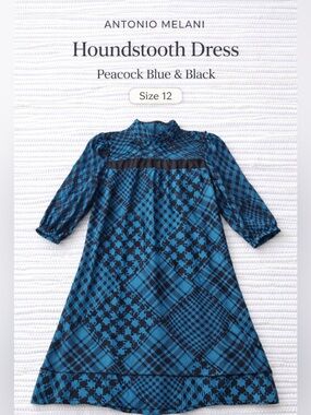 Antonio Melani Houndstooth Dress Blue Black A-Line Lined Sz 12